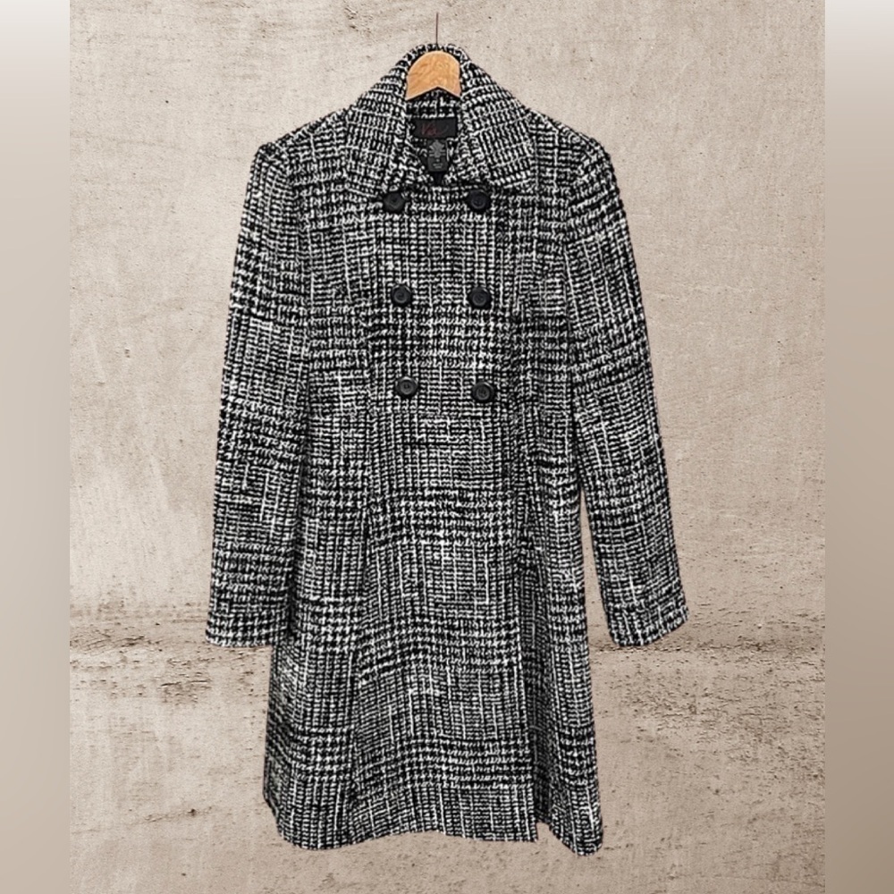 𝅺VIA Double-Breasted Houndstooth Pea Coat Black White Women’s Size 12 .